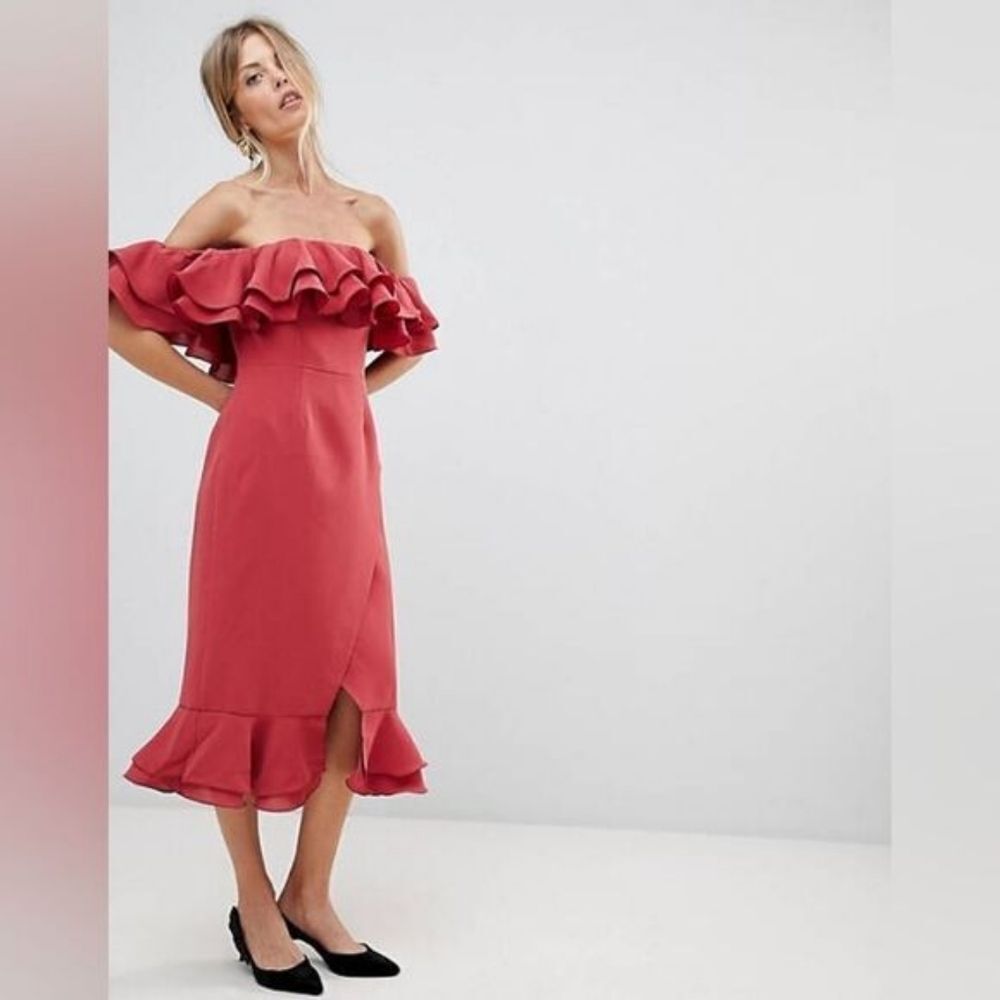 C/Meo Collective Rose Immerse Off The Shoulder Layered Ruffle Midi Sheath Dress